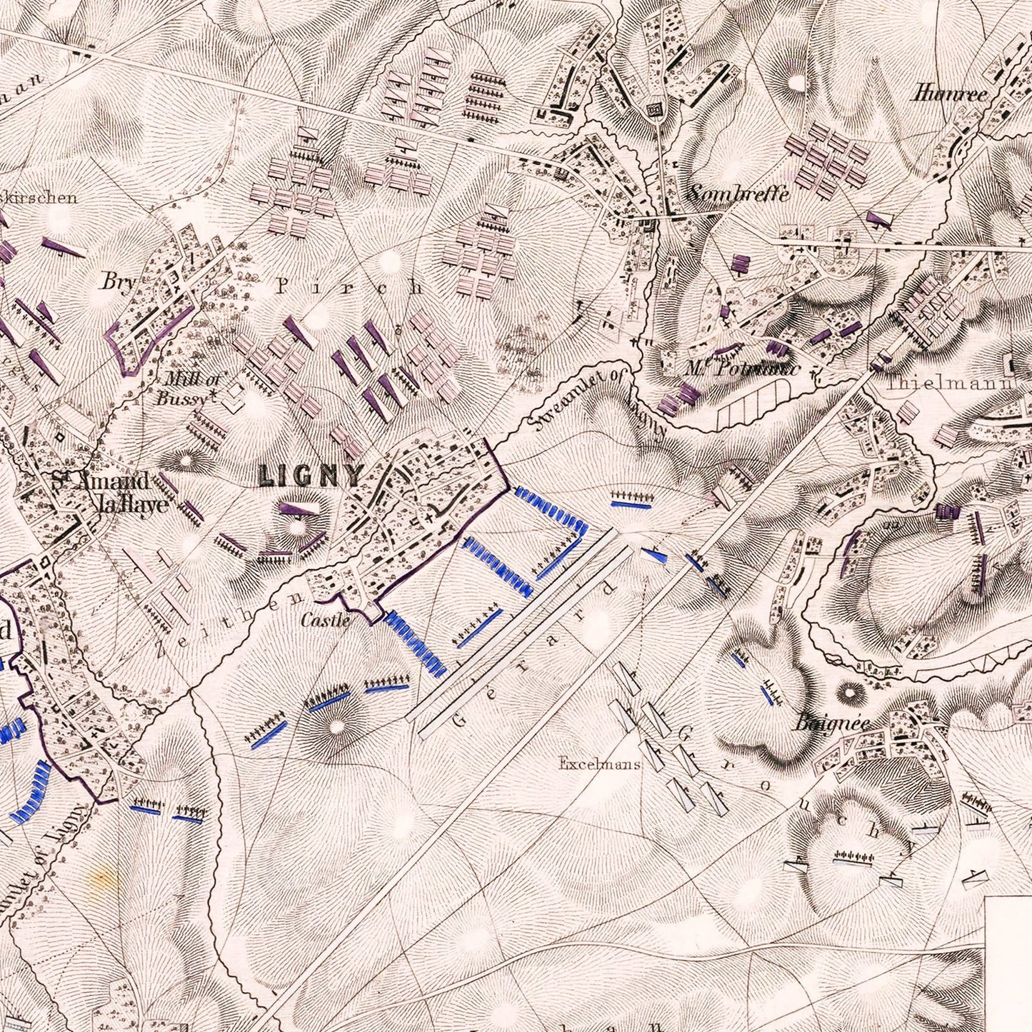 Vintage Map of the Battle of Ligny, Belgium, 1815