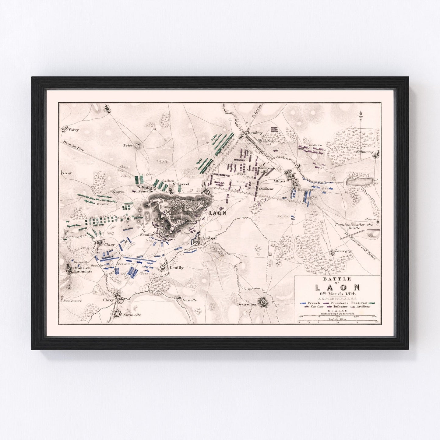 vintage map of the Battle of Laon, France, 1814