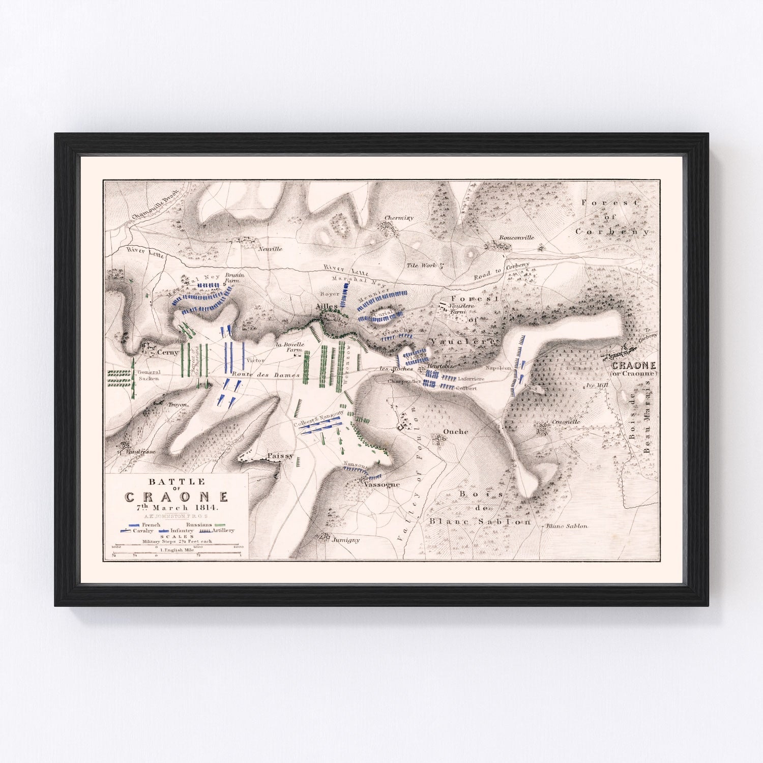 vintage map of the Battle of Craone, Champagne, France, 1814