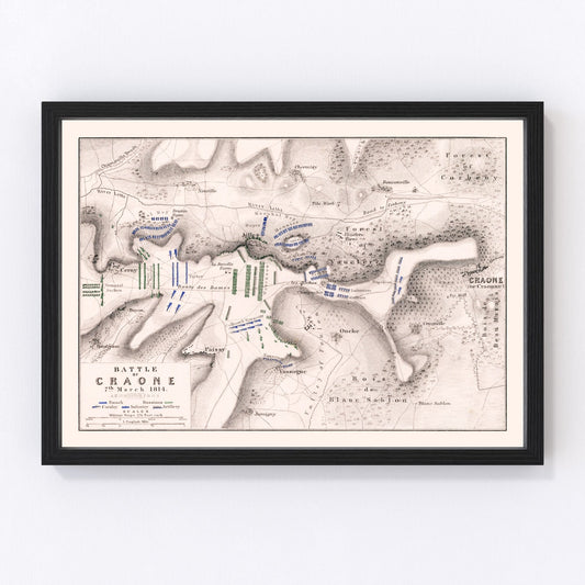 vintage map of the Battle of Craone, Champagne, France, 1814