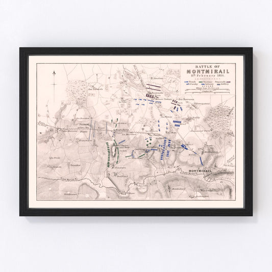 vintage map of the Battle of Montmirail, Marne, France, 1814