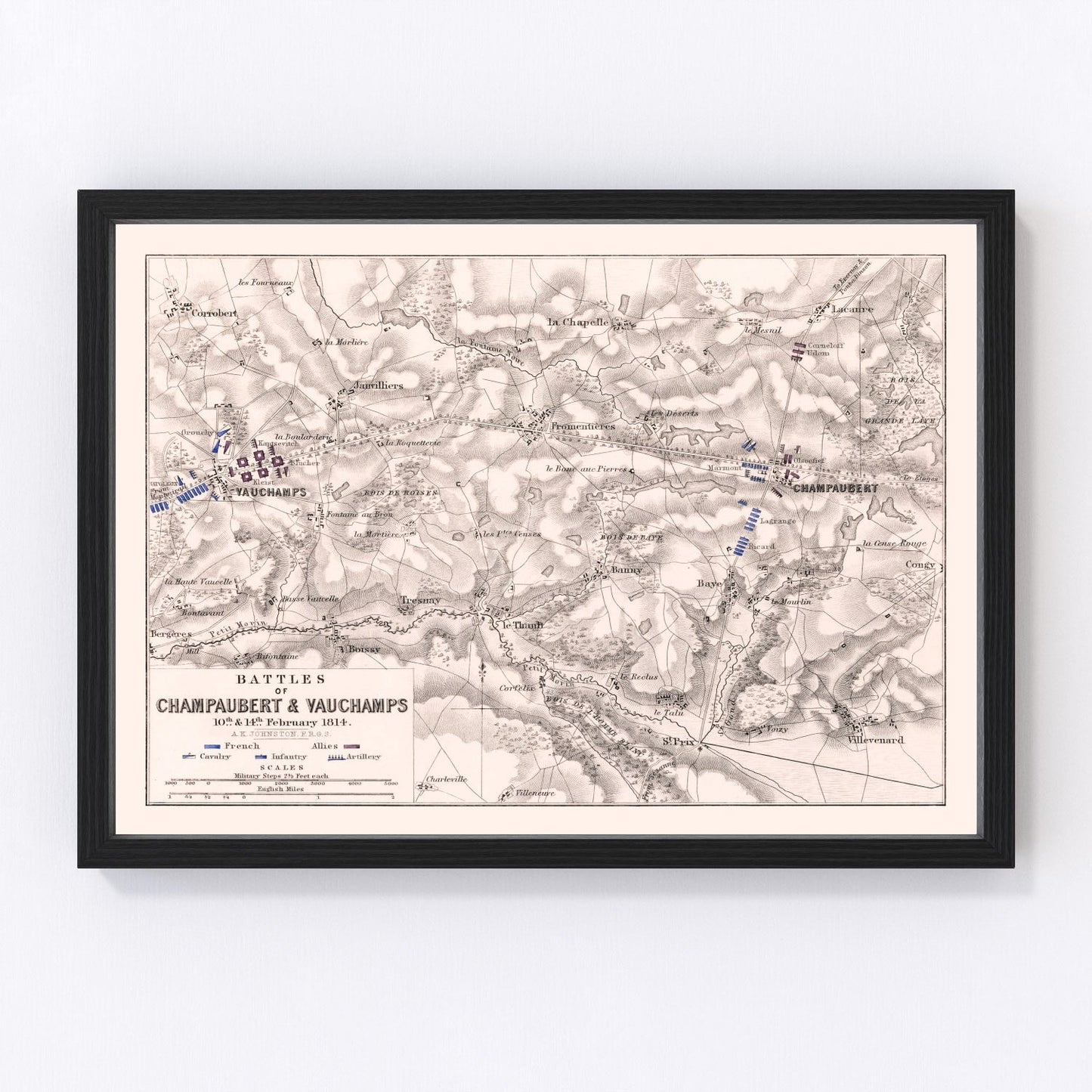 vintage map of the battles of Champaubert and Vauchamps, France, 1814