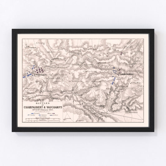 vintage map of the battles of Champaubert and Vauchamps, France, 1814
