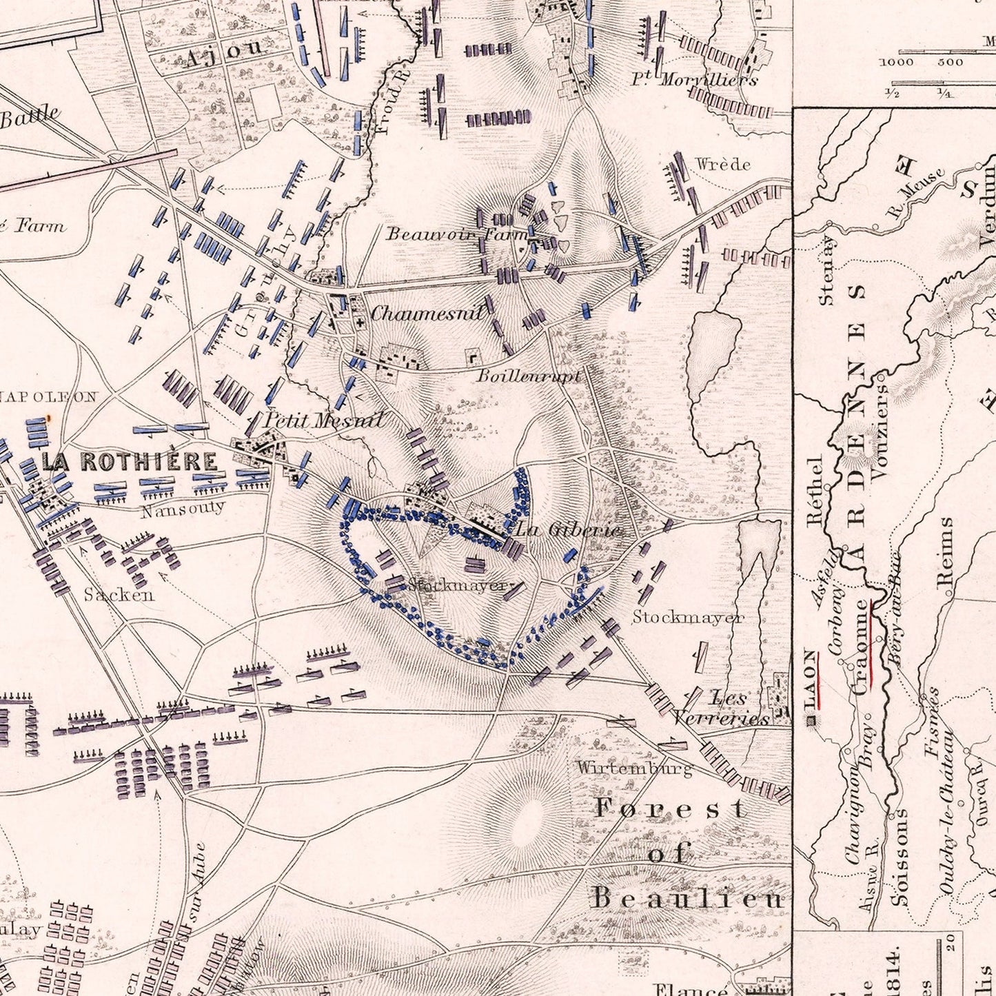 Vintage Map of the Battle of La Rothiere, 1814