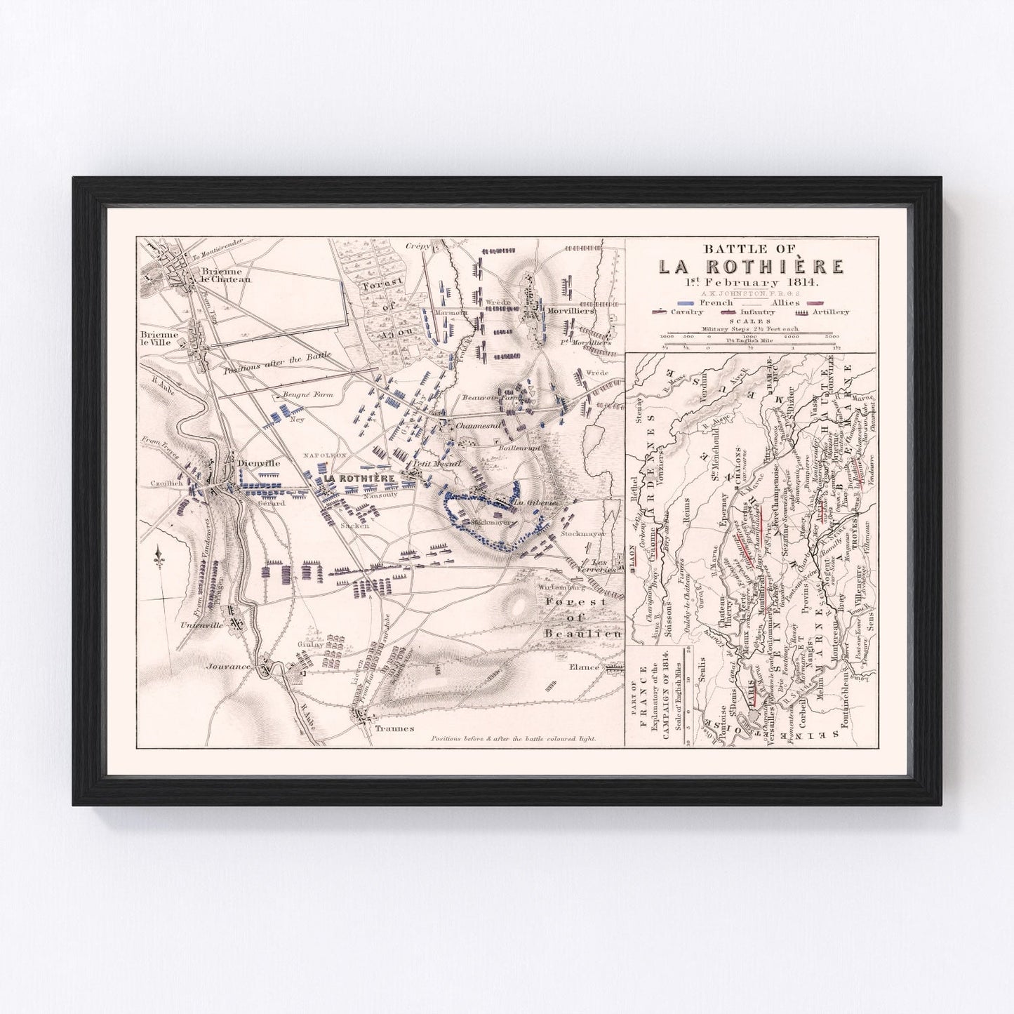 vintage map of the Battle of La Rothiere, France, 1814