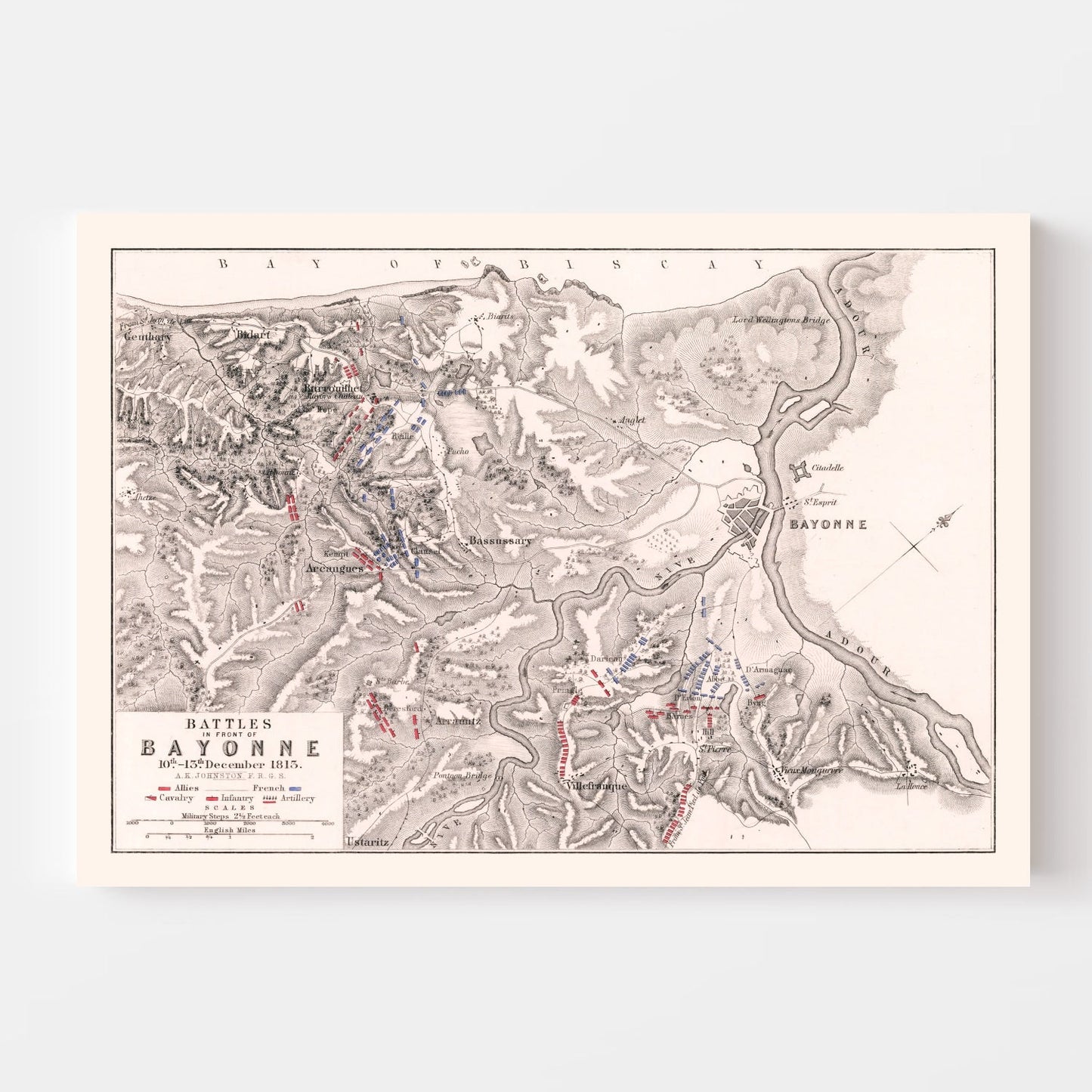 Vintage Map of the Battles in Front of Bayonne, 1813