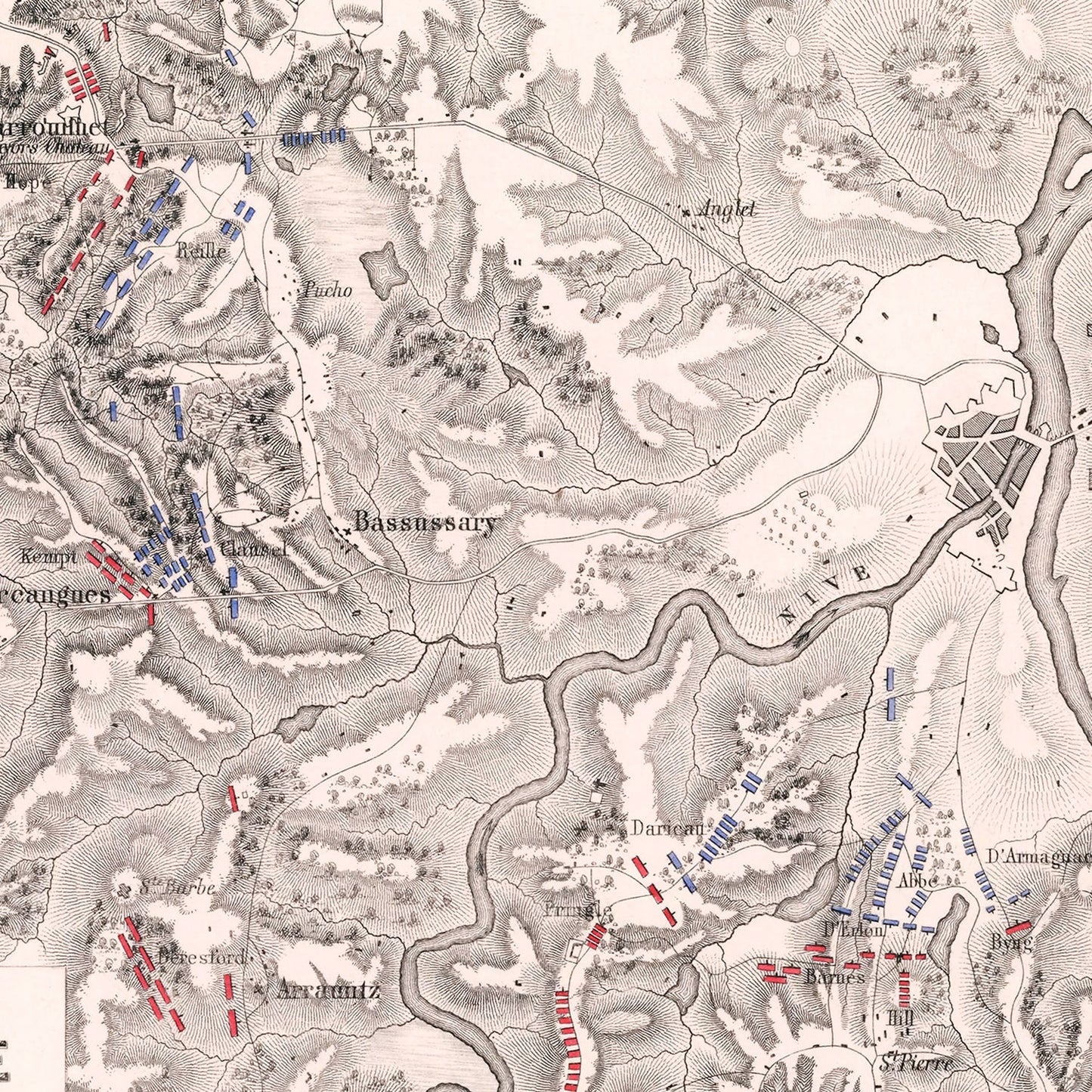 Vintage Map of the Battles in Front of Bayonne, 1813