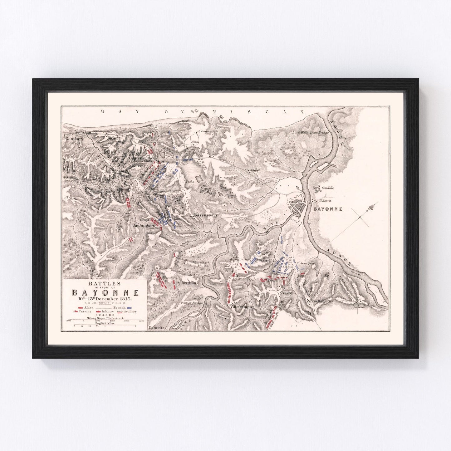 vintage map of the battles in front of Bayonne, France, 1813