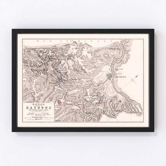 vintage map of the battles in front of Bayonne, France, 1813