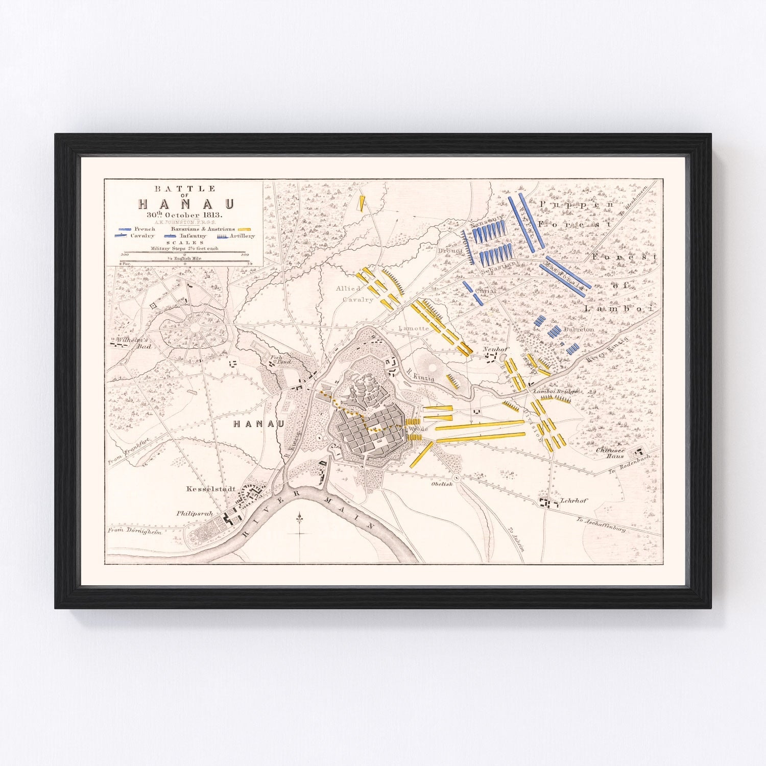 vintage map of the Battle of Hanau, Germany, 1813