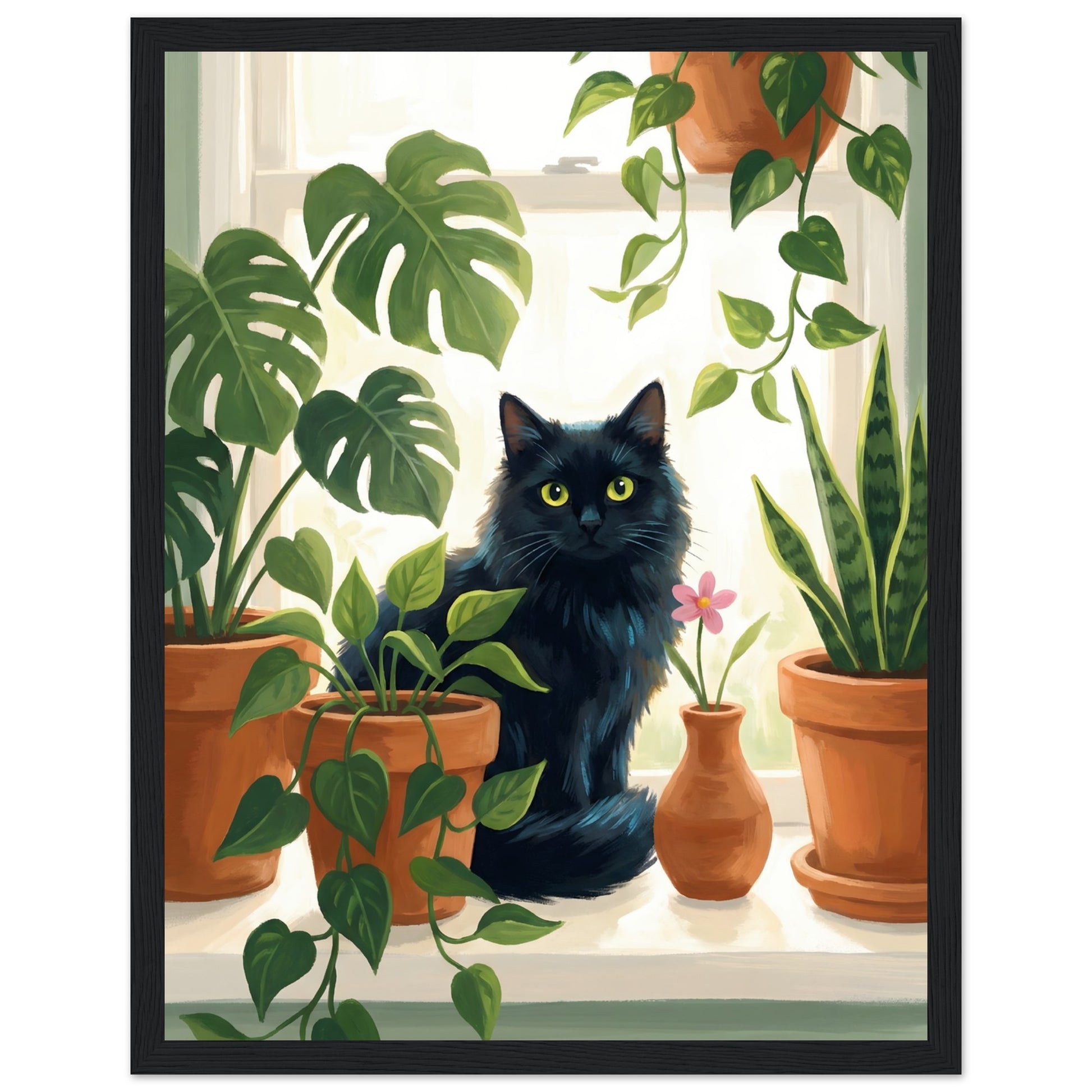 Plant Lover Wall Art - Cat & Houseplants Framed Poster - 27x35 cm / 11x14″ - Black frame / Ready-to-hang - Sparkycare