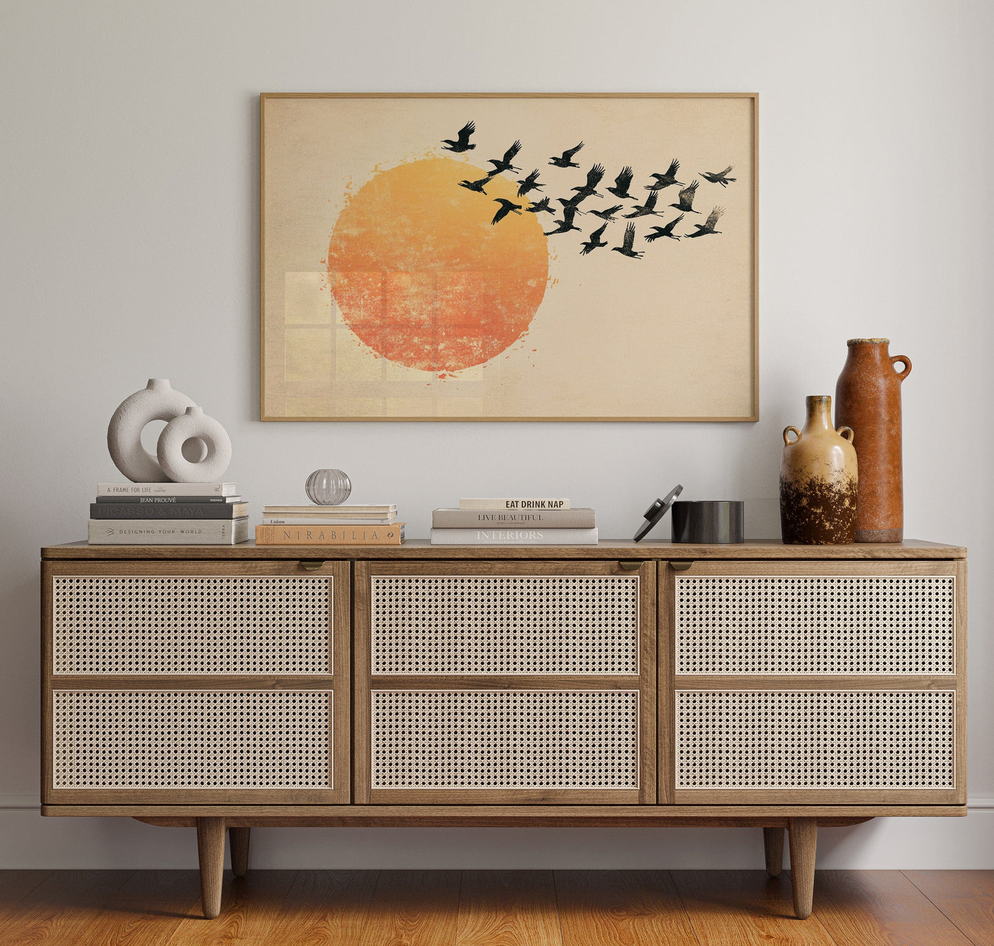 Japanese Birds and Sun Wall Art - Vintage Ink Print