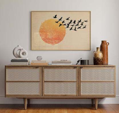 Japanese Birds and Sun Wall Art - Vintage Ink Print