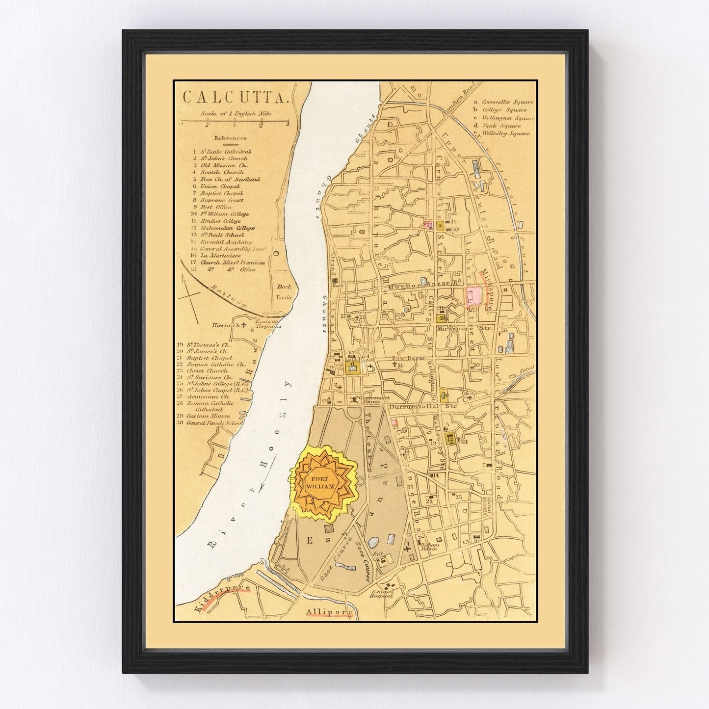 Vintage map of Calcutta, India, 1862, colonial era city restored print