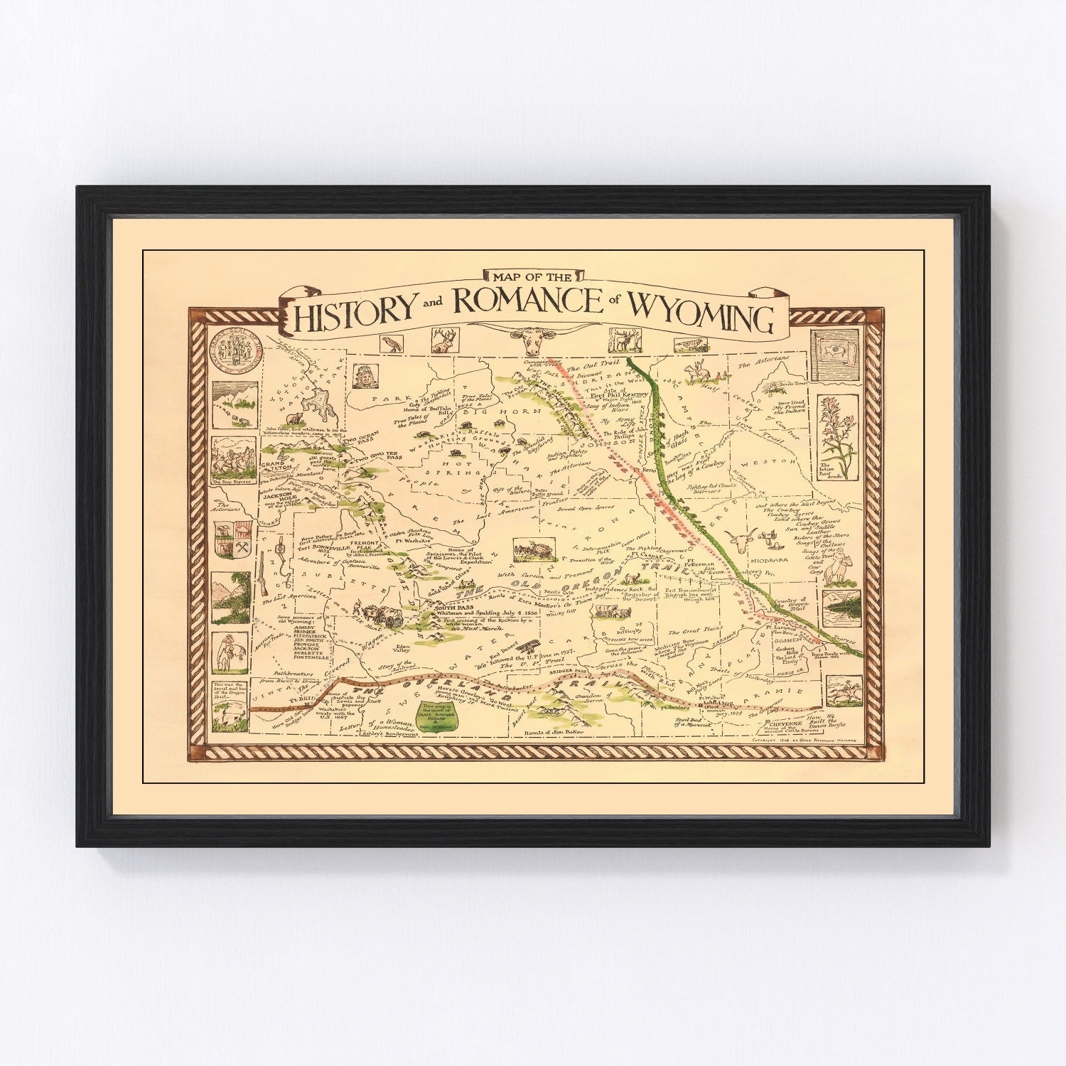 Vintage map of Wyoming state, 1928, digitally restored cartography