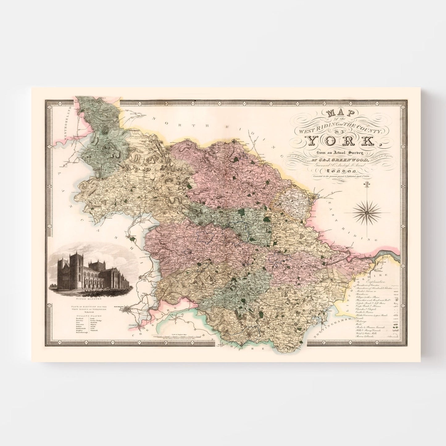 Vintage Map of West Riding of Yorkshire, England 1834