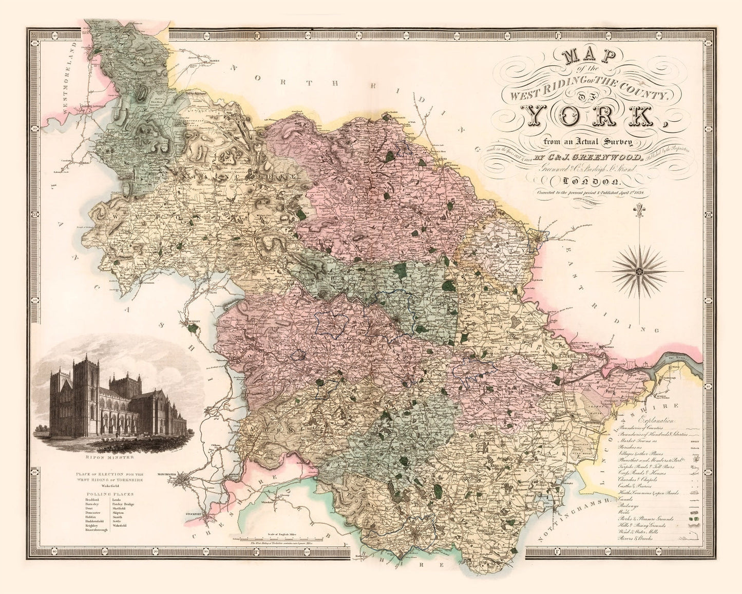 Vintage Map of West Riding of Yorkshire, England 1834