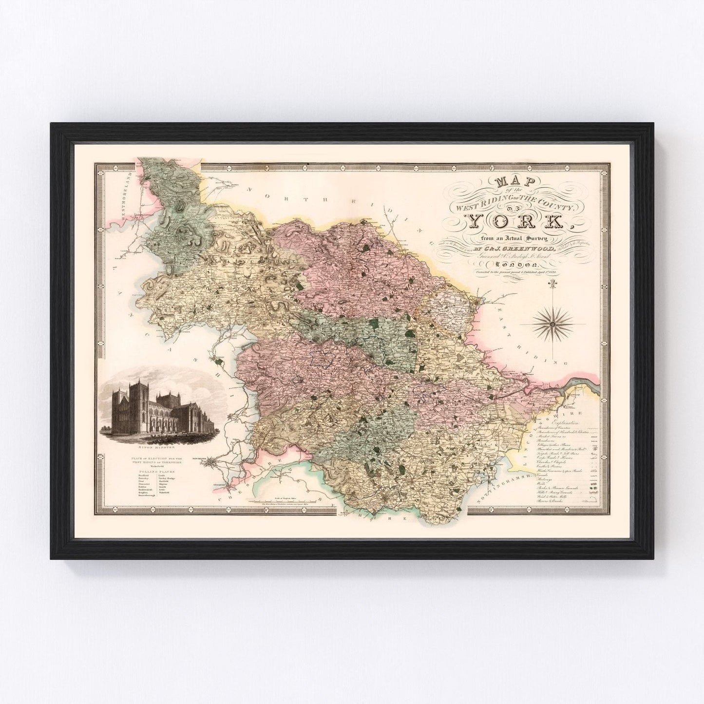 Vintage map of West Riding of Yorkshire, England, 1834 - Victorian restored print