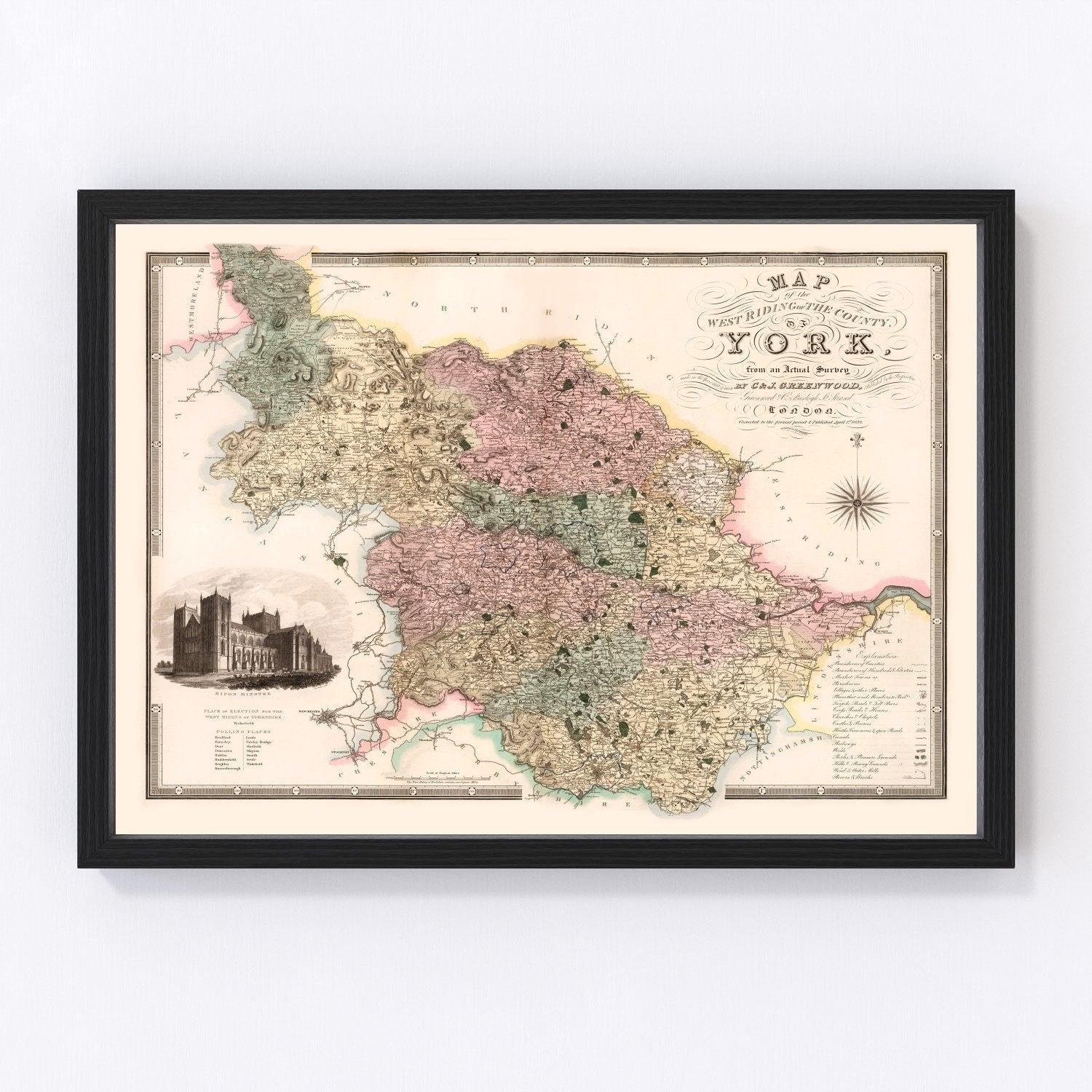 Vintage map of West Riding of Yorkshire, England, 1834 - Victorian restored print