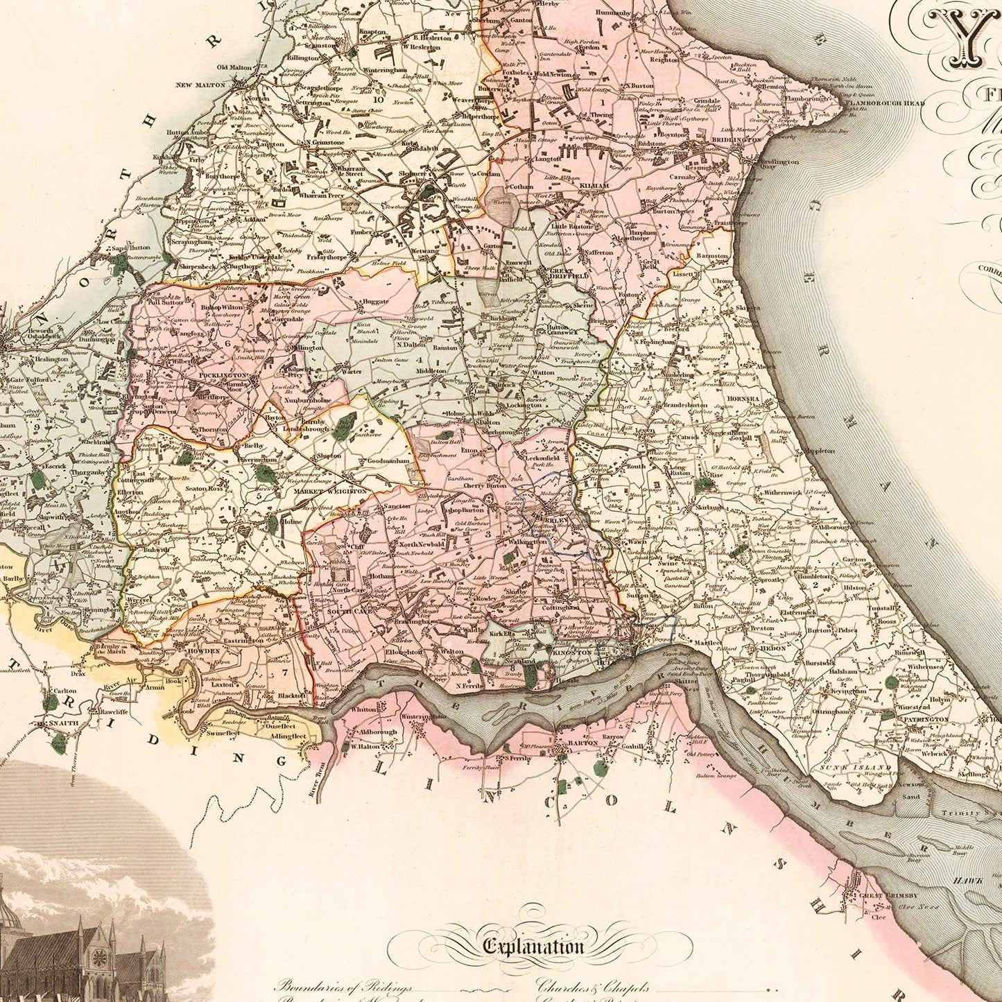 Vintage Map of East Riding of Yorkshire, England, 1834