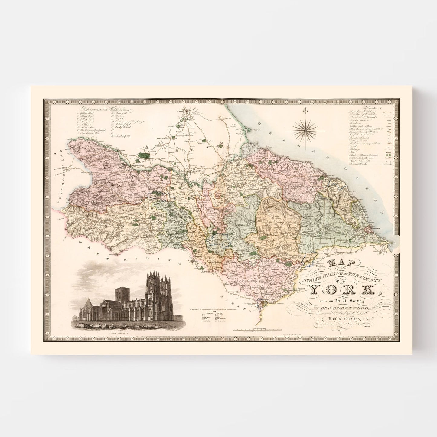 Vintage Map of North Riding of Yorkshire, England, 1834