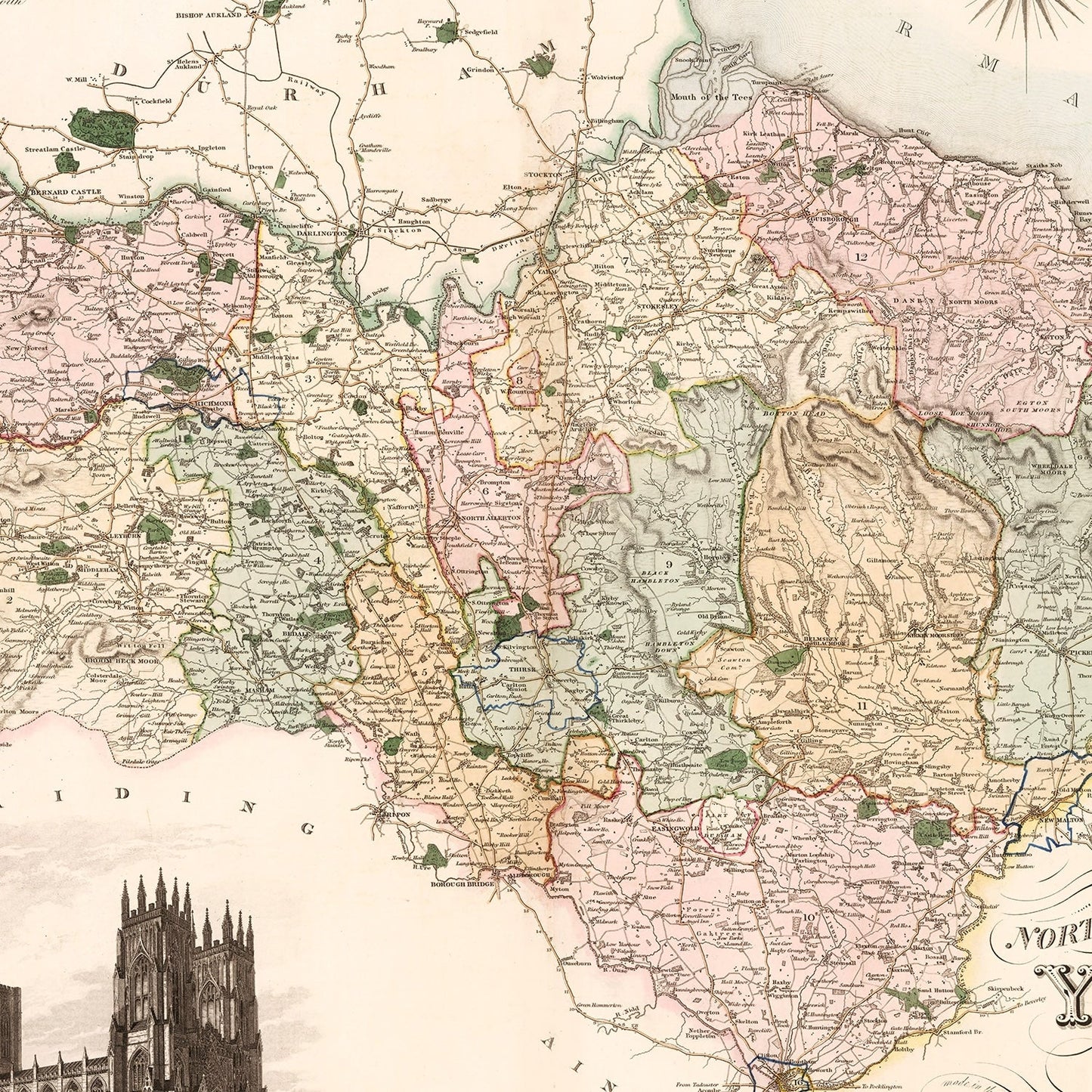 Vintage Map of North Riding of Yorkshire, England, 1834