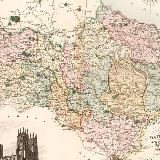 Vintage Map of North Riding of Yorkshire, England, 1834