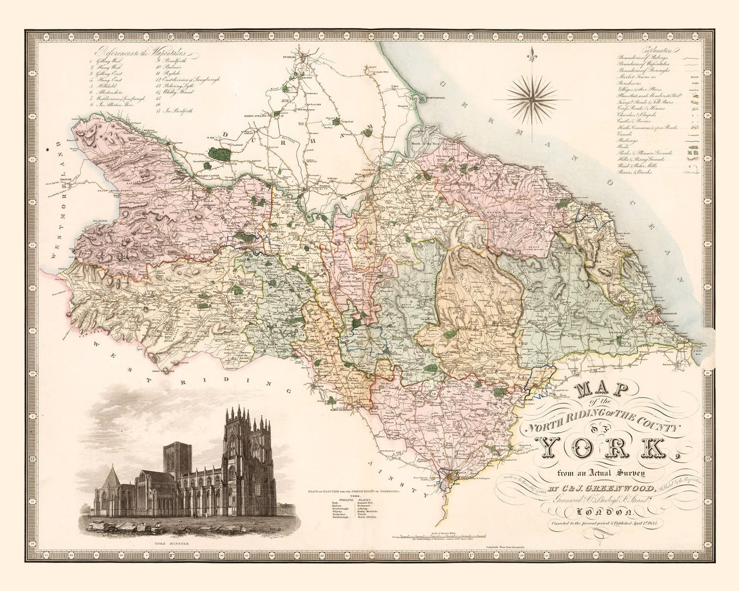 Vintage Map of North Riding of Yorkshire, England, 1834