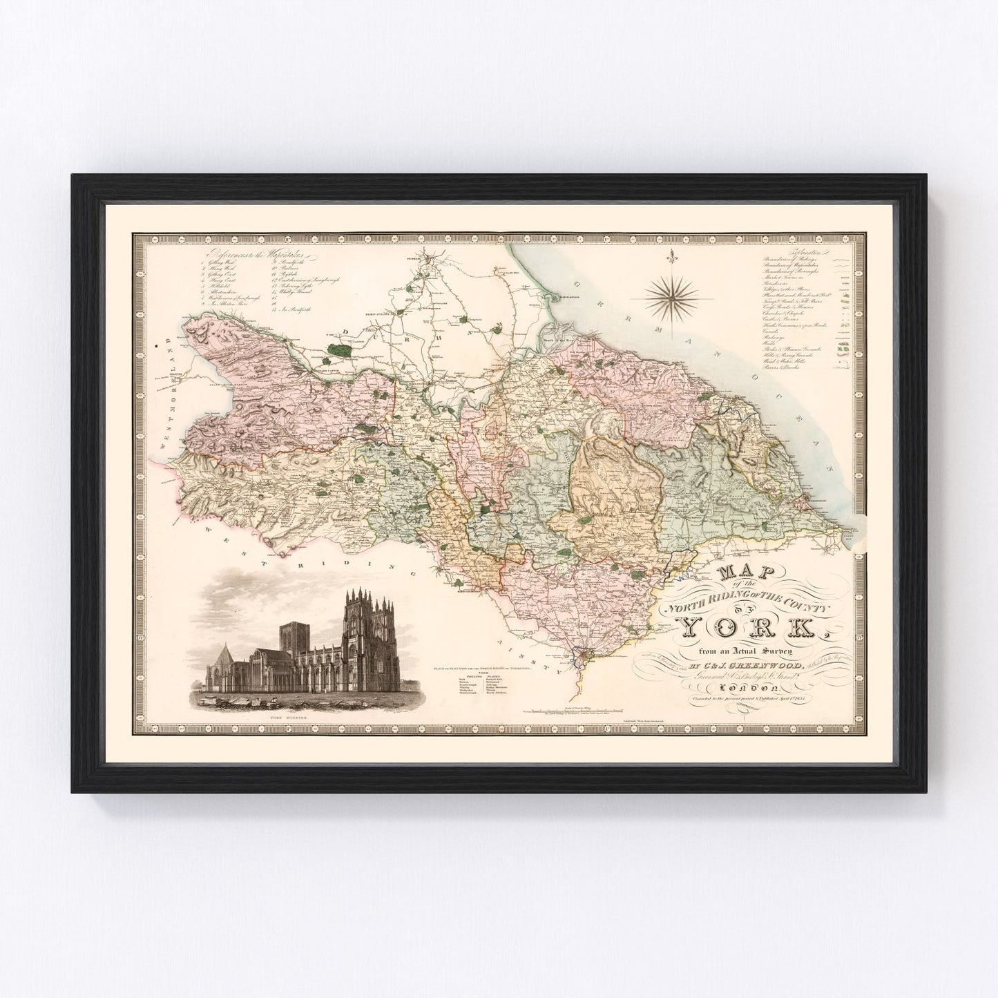 vintage map of North Riding of Yorkshire, England, 1834