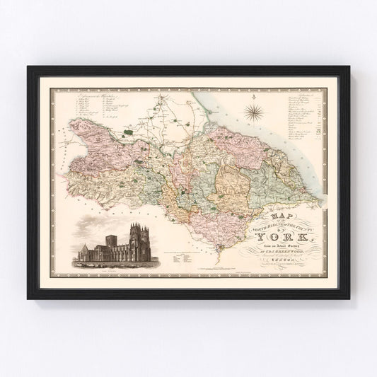vintage map of North Riding of Yorkshire, England, 1834