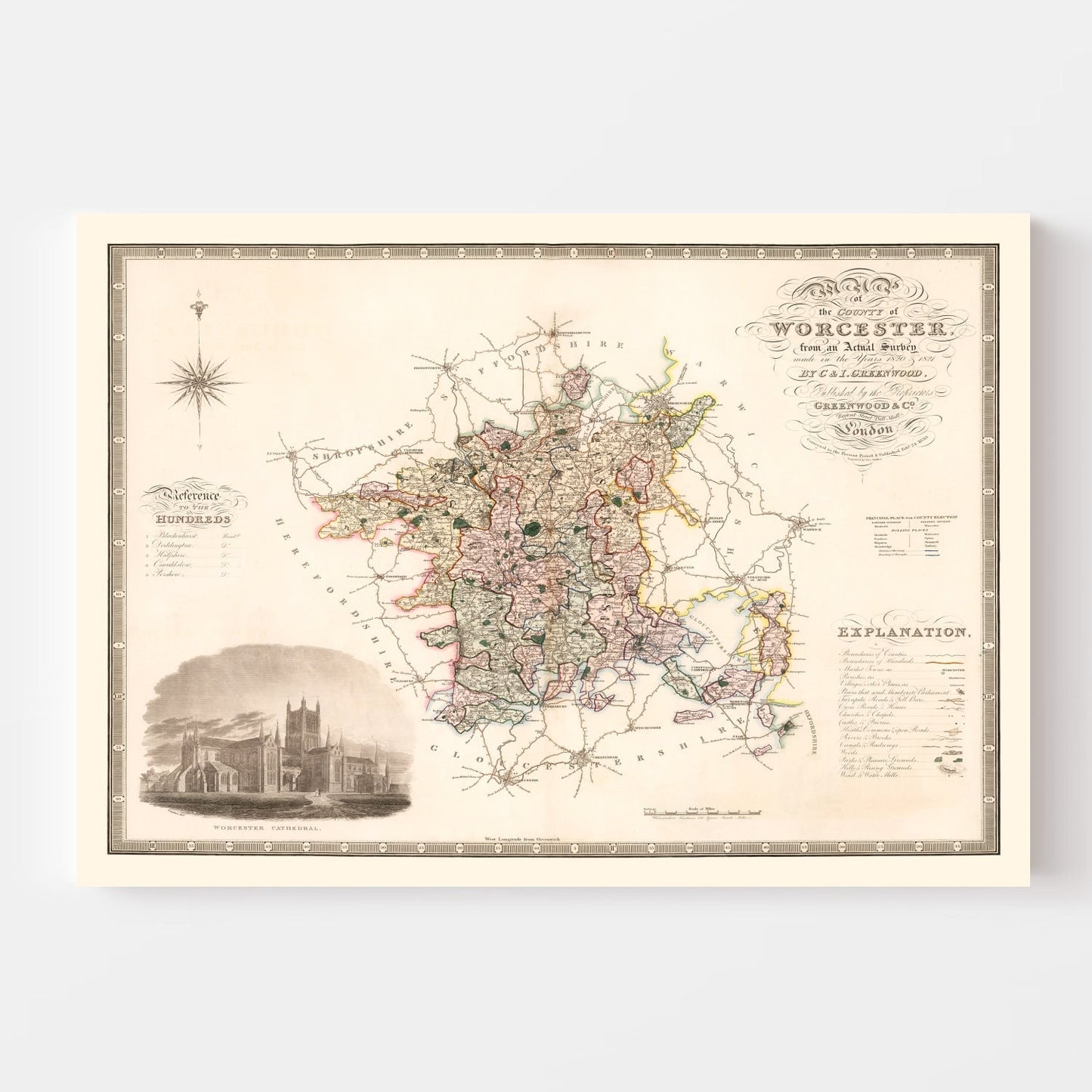 Vintage Map of Worcester, England, 1830