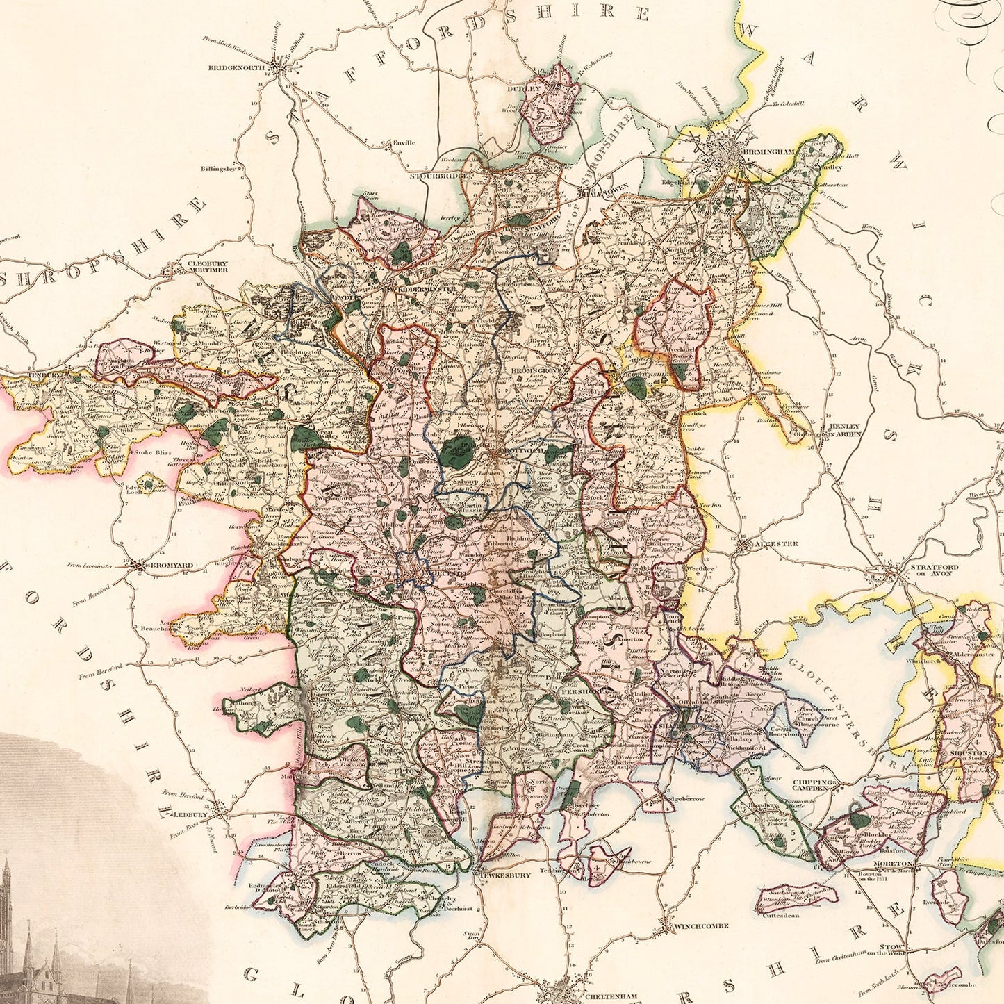 Vintage Map of Worcester, England, 1830