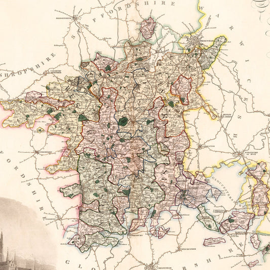 Vintage Map of Worcester, England, 1830