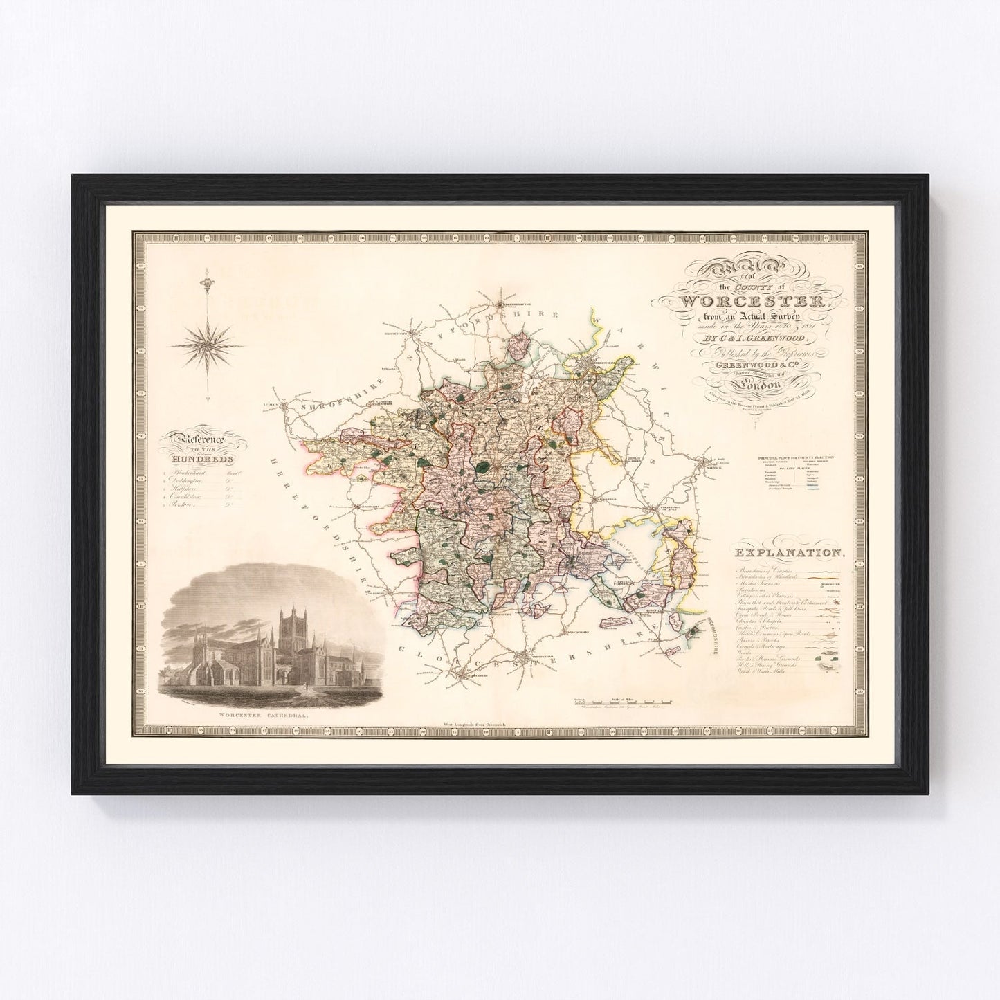 Vintage map of Worcester, England, 1830, River Severn Regency era