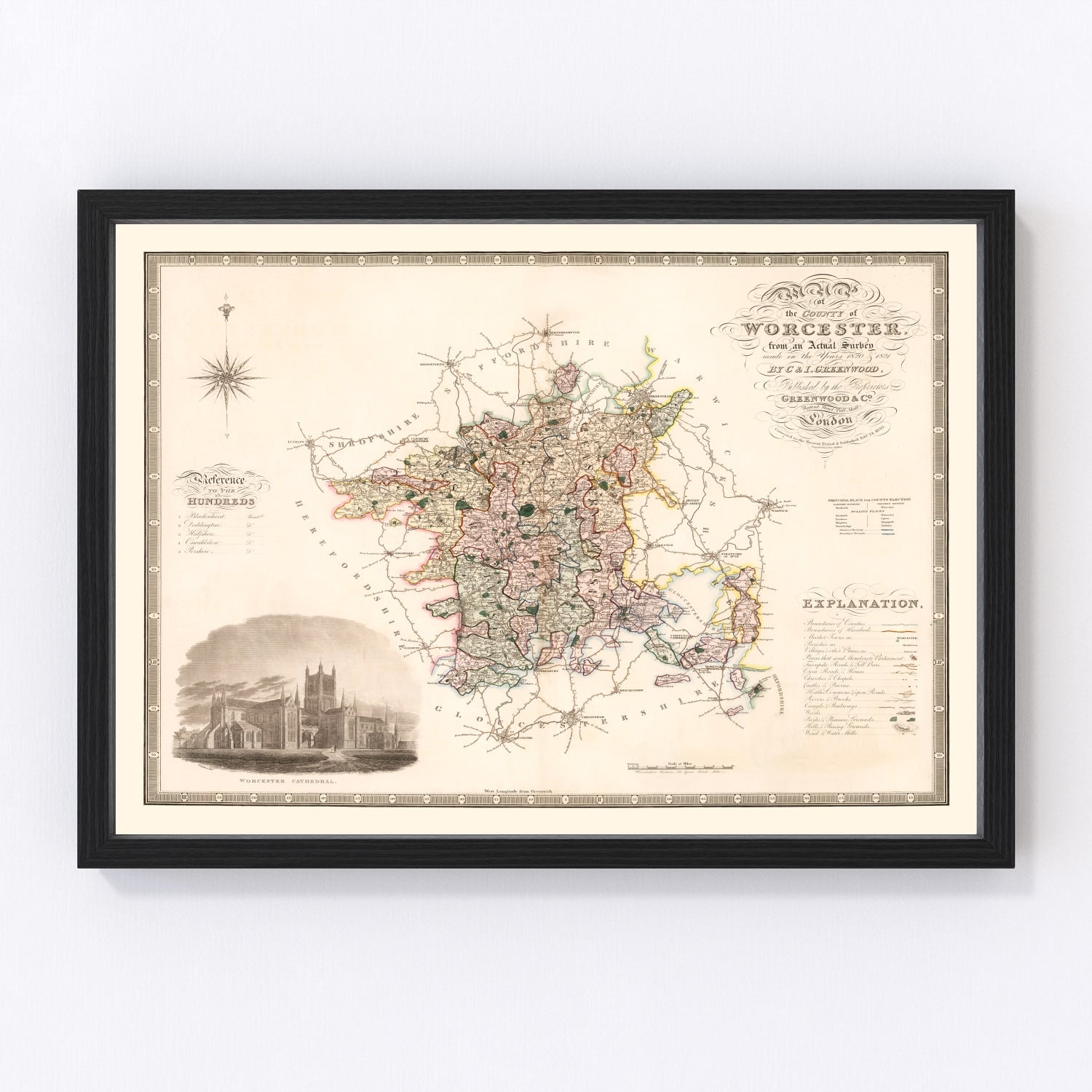 Vintage map of Worcester, England, 1830, River Severn Regency era