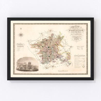 Vintage map of Worcester, England, 1830, River Severn Regency era