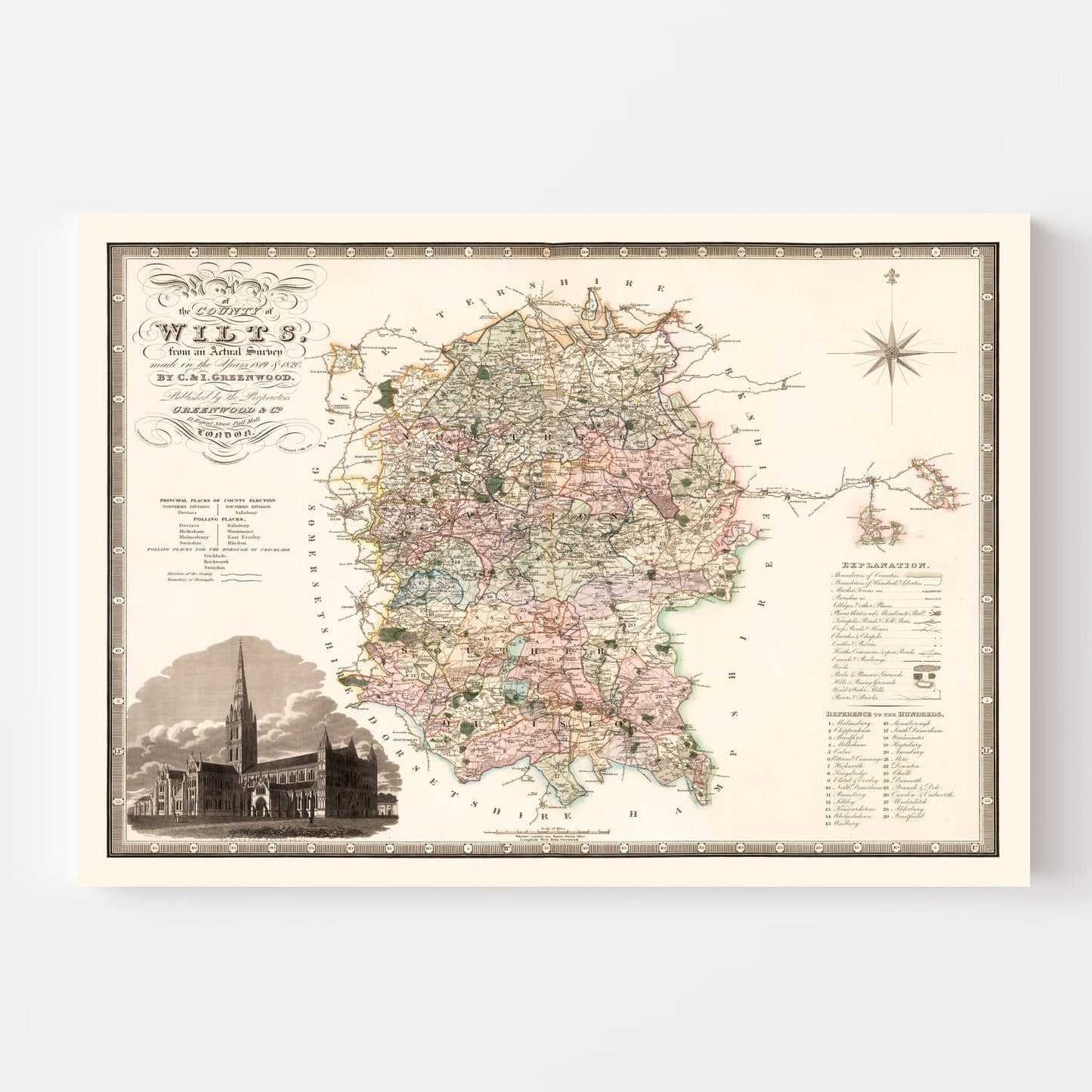 Vintage Map of Wiltshire, England, 1829
