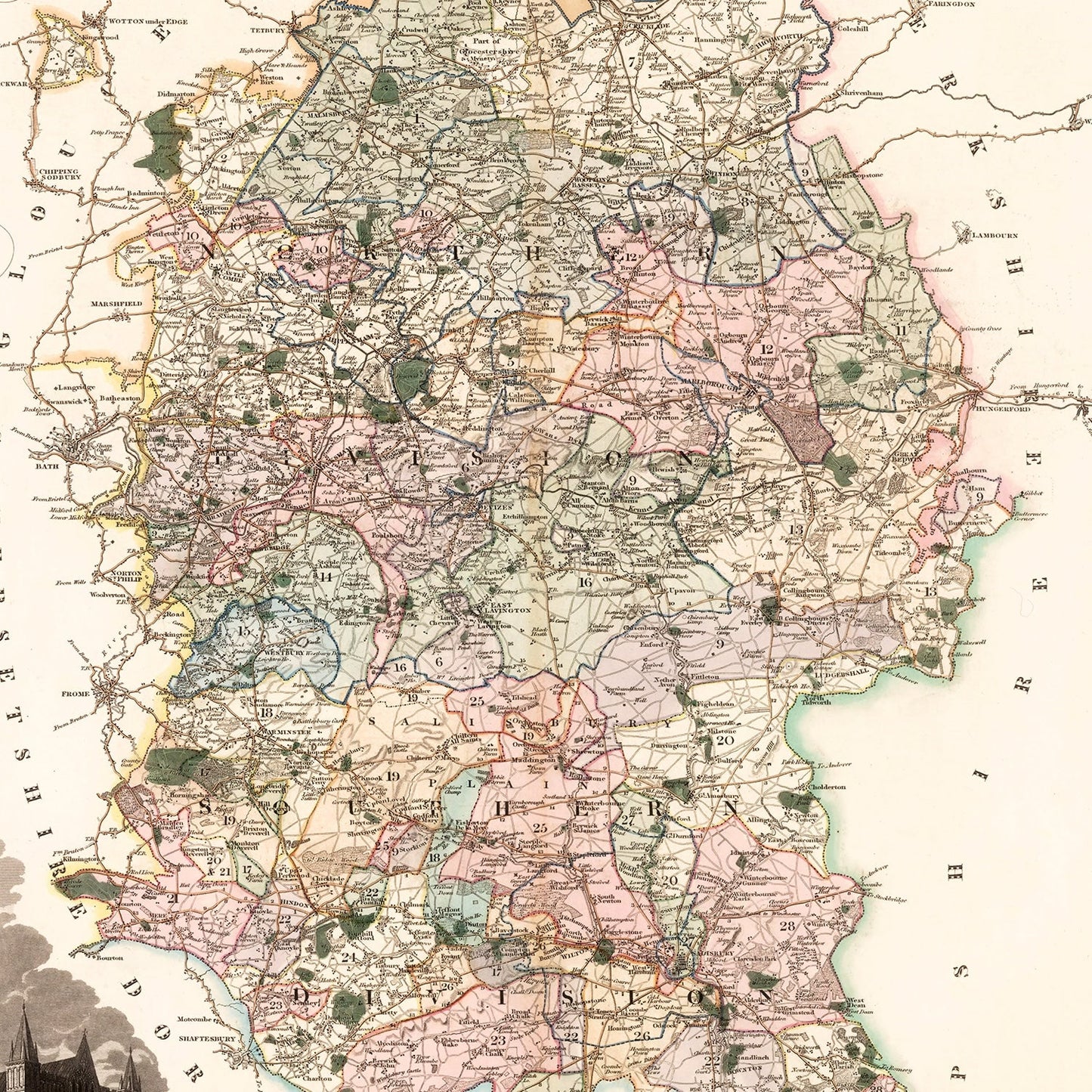 Vintage Map of Wiltshire, England, 1829