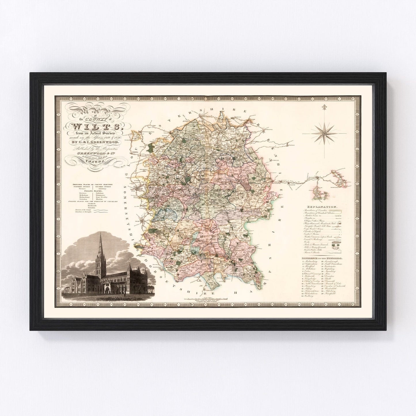 Vintage map of Wiltshire, England, 1829, Regency era restored