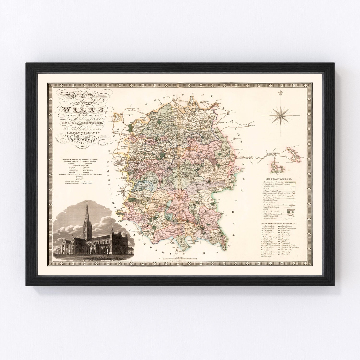 Vintage map of Wiltshire, England, 1829, Regency era restored