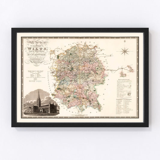 Vintage map of Wiltshire, England, 1829, Regency era restored