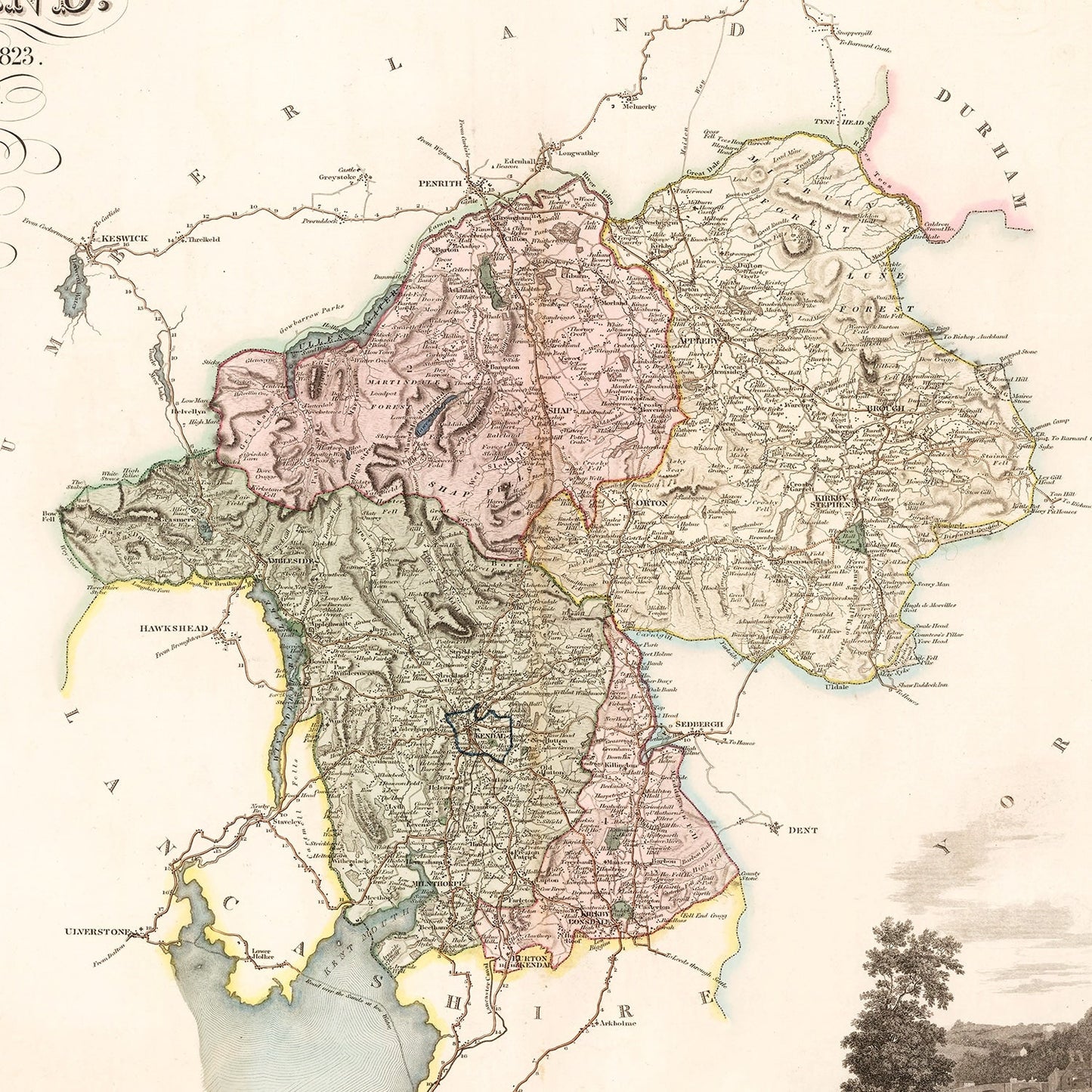 Vintage Map of Westmorland, England, 1830