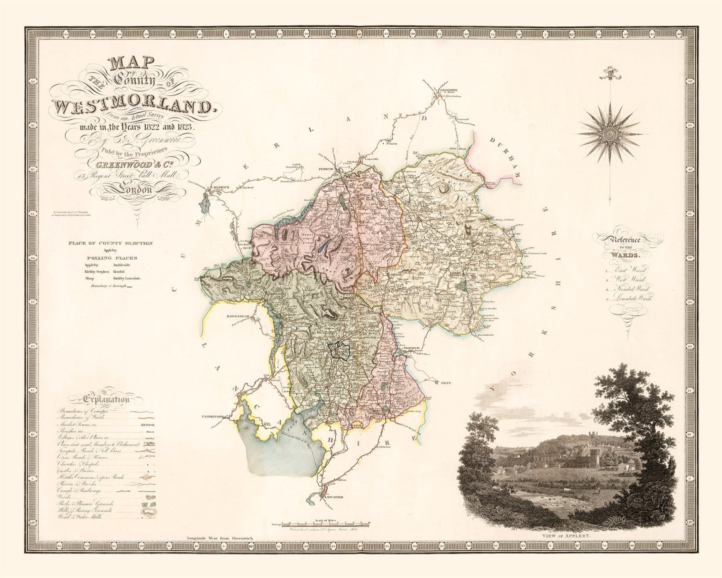 Vintage Map of Westmorland, England, 1830