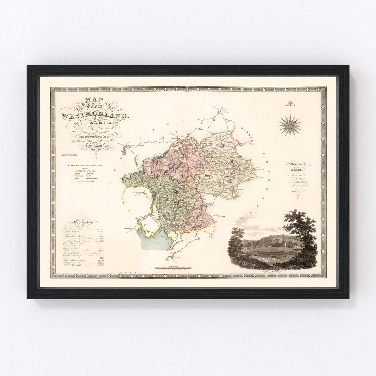 Vintage map of Westmorland, England, 1830, Lake District mountains and dales