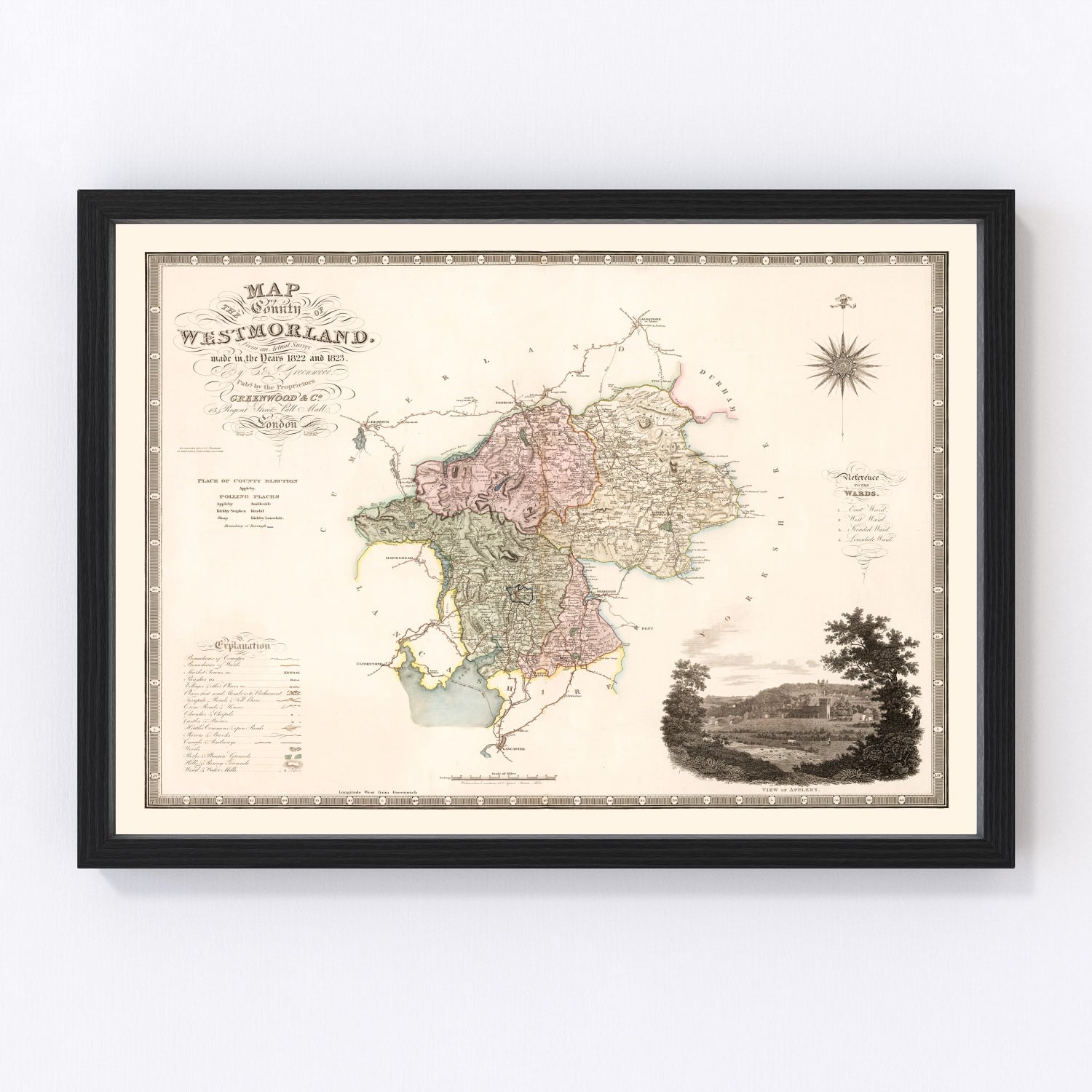 Vintage map of Westmorland, England, 1830, Lake District mountains and dales