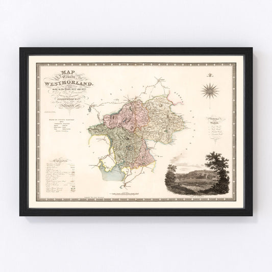 Vintage map of Westmorland, England, 1830, Lake District mountains and dales
