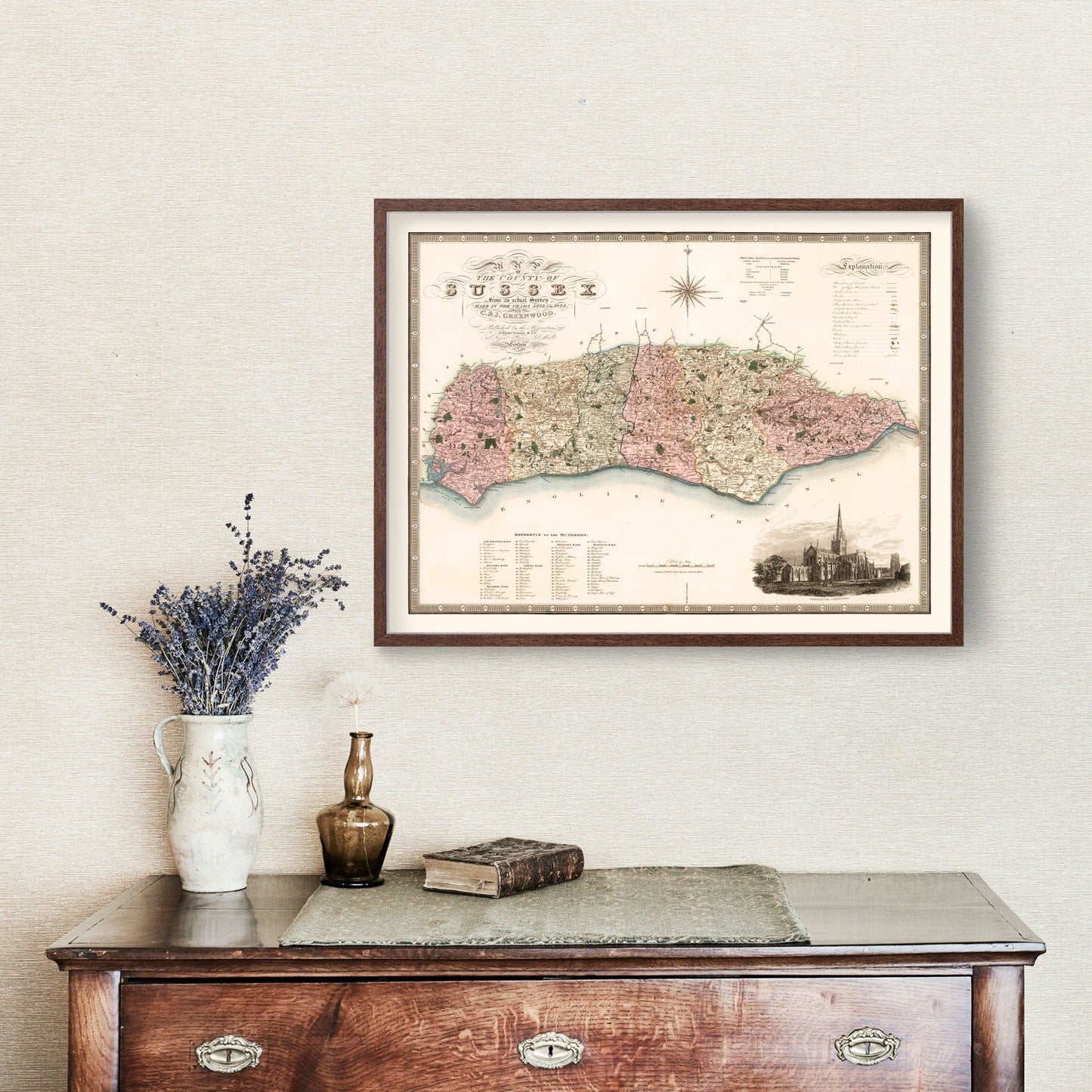 Vintage Map of Sussex, England, 1829