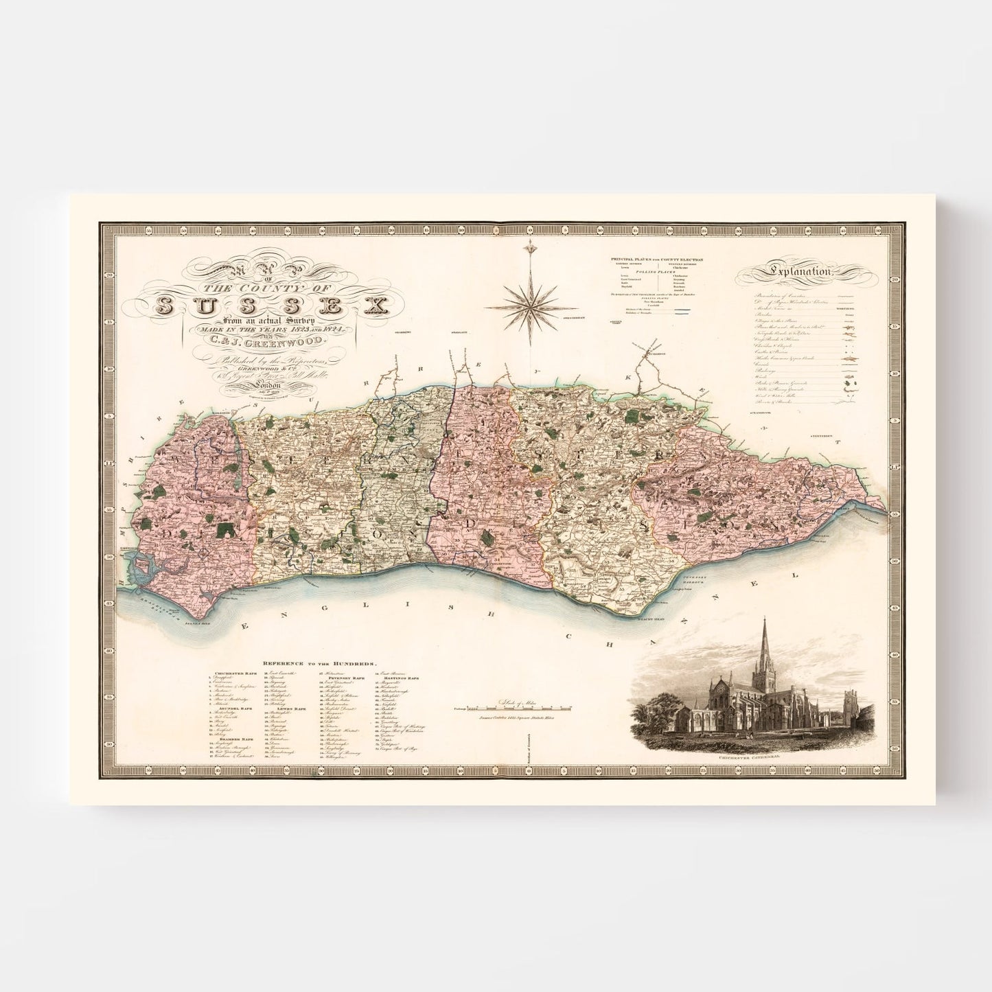 Vintage Map of Sussex, England, 1829