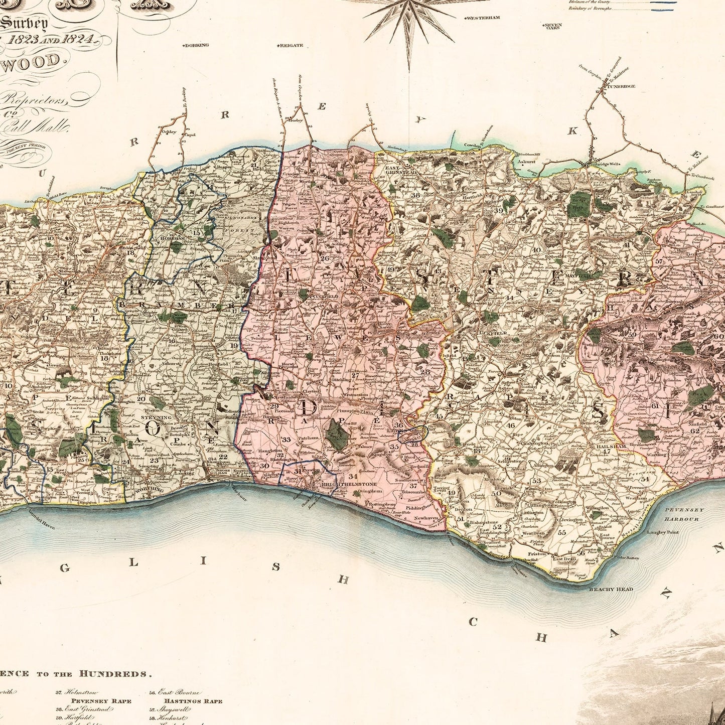 Vintage Map of Sussex, England, 1829