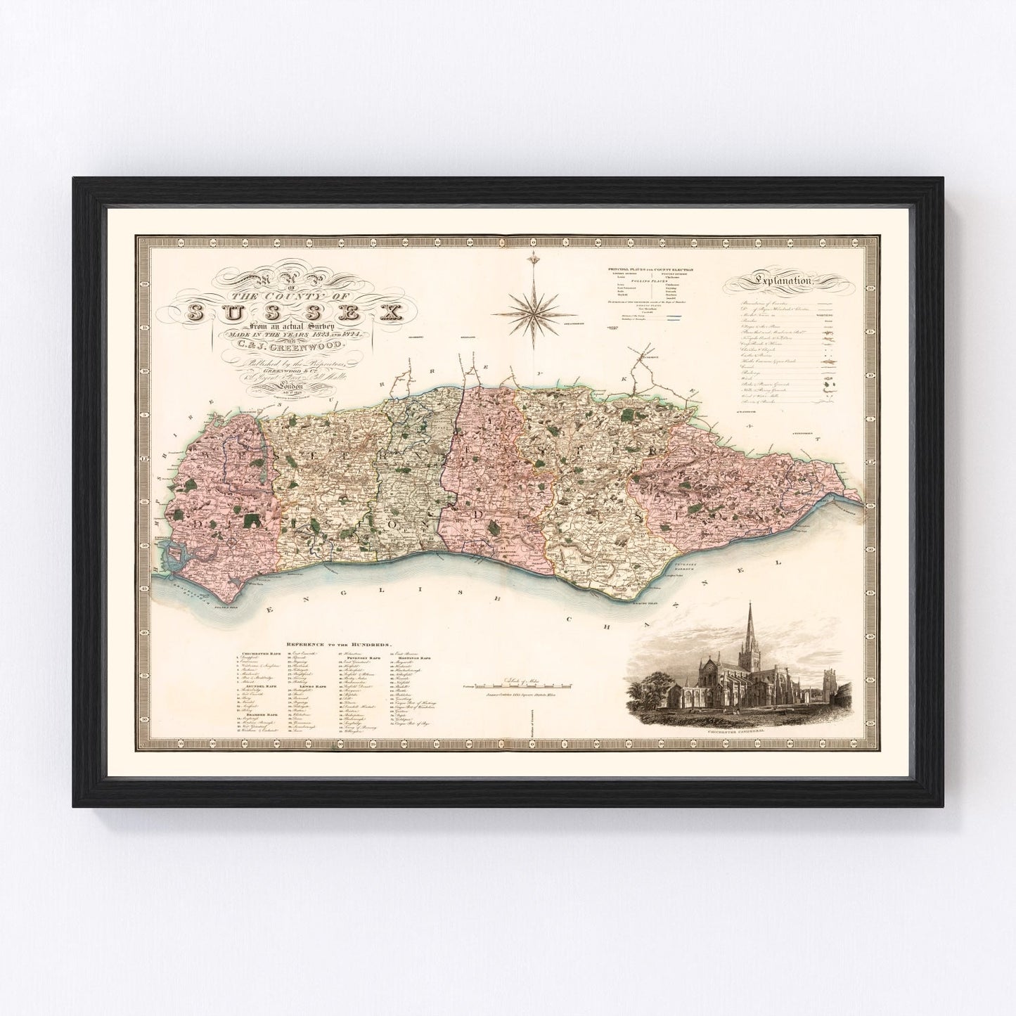 Vintage map of Sussex, England, 1829